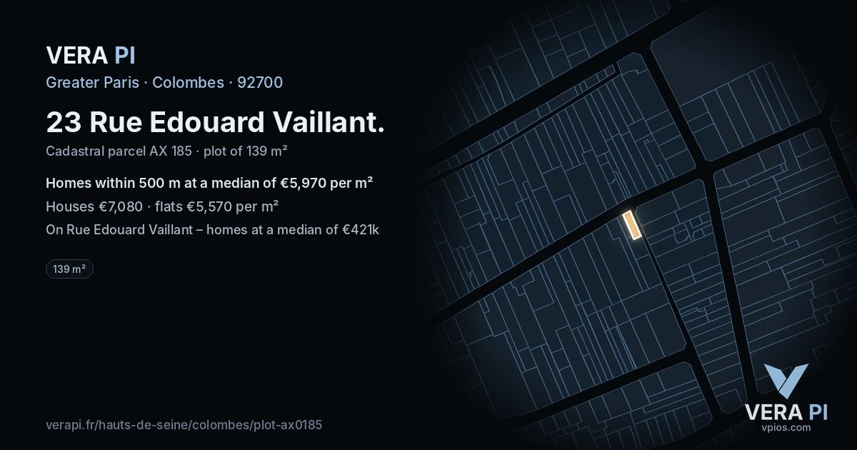 23 Rue Edouard Vaillant, Colombes at night – the plot lit, the parcels around coloured by the prices near them