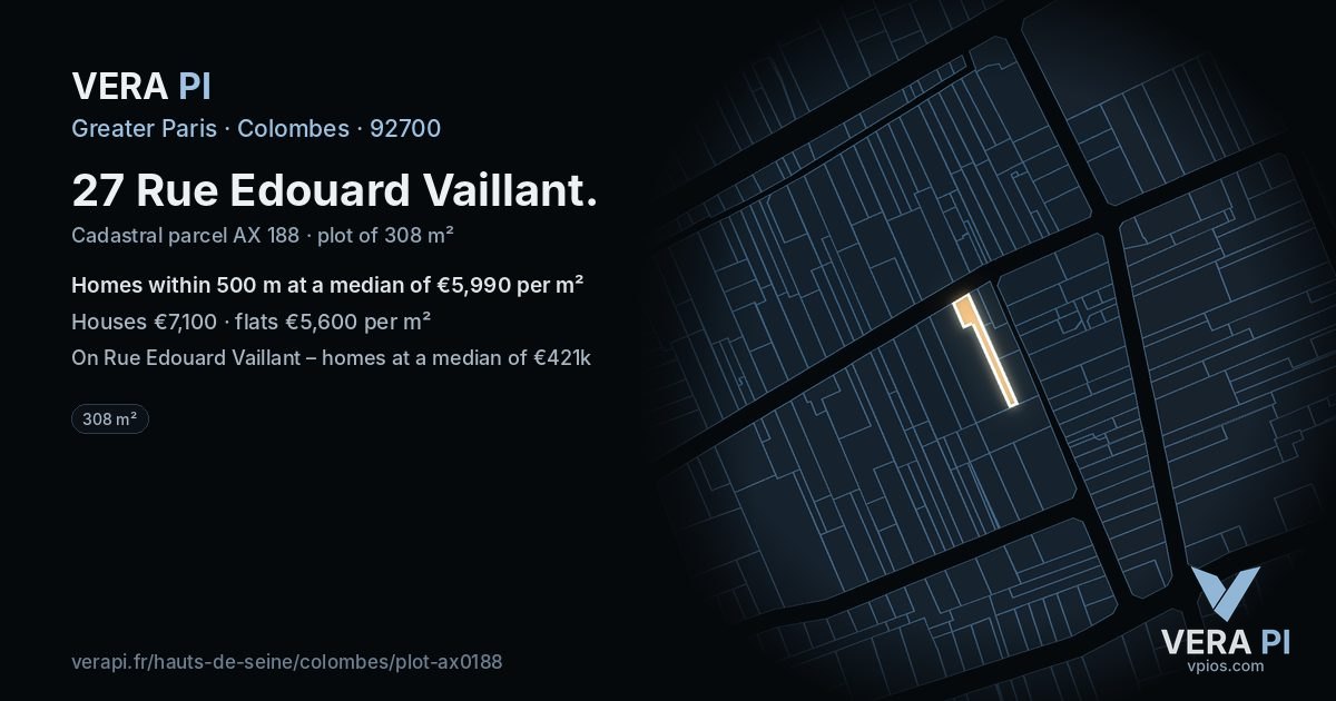 27 Rue Edouard Vaillant, Colombes at night – the plot lit, the parcels around coloured by the prices near them