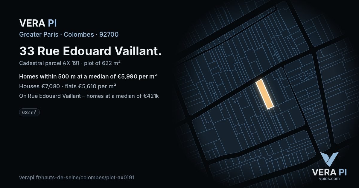33 Rue Edouard Vaillant, Colombes at night – the plot lit, the parcels around coloured by the prices near them