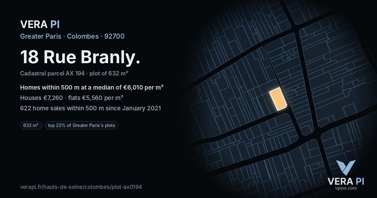 18 Rue Branly, Colombes at night – the plot lit, the parcels around coloured by the prices near them