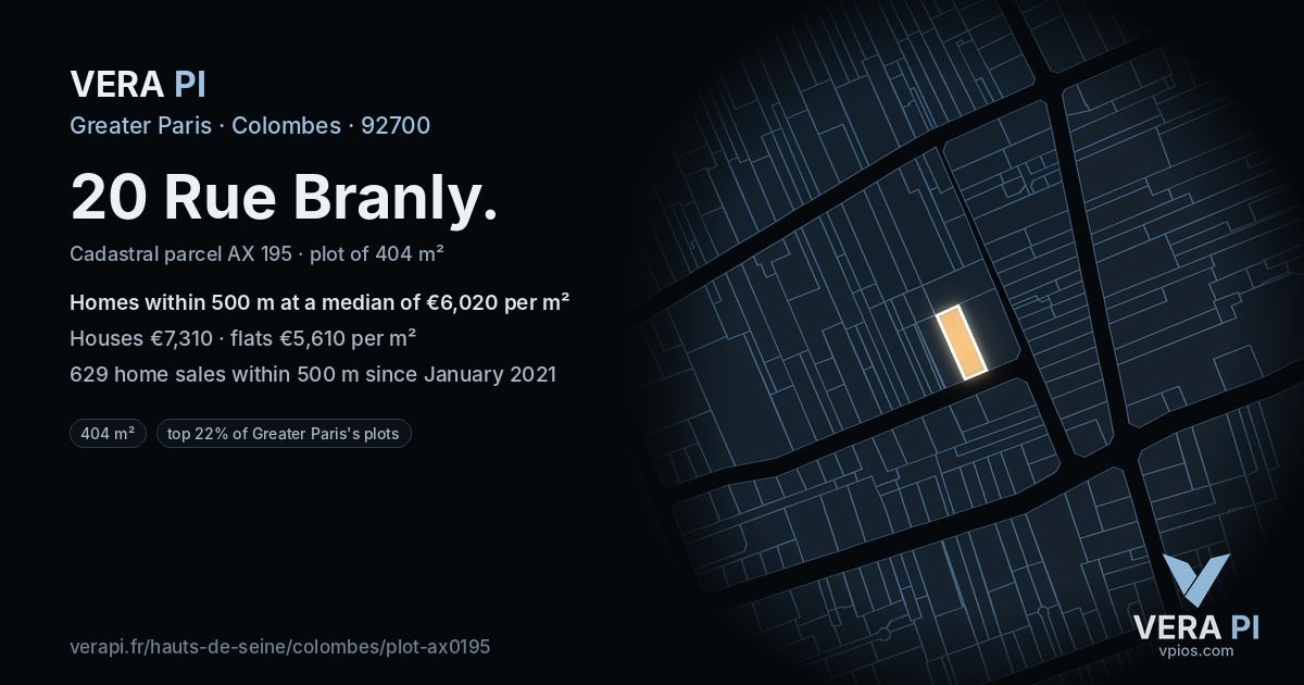 20 Rue Branly, Colombes at night – the plot lit, the parcels around coloured by the prices near them