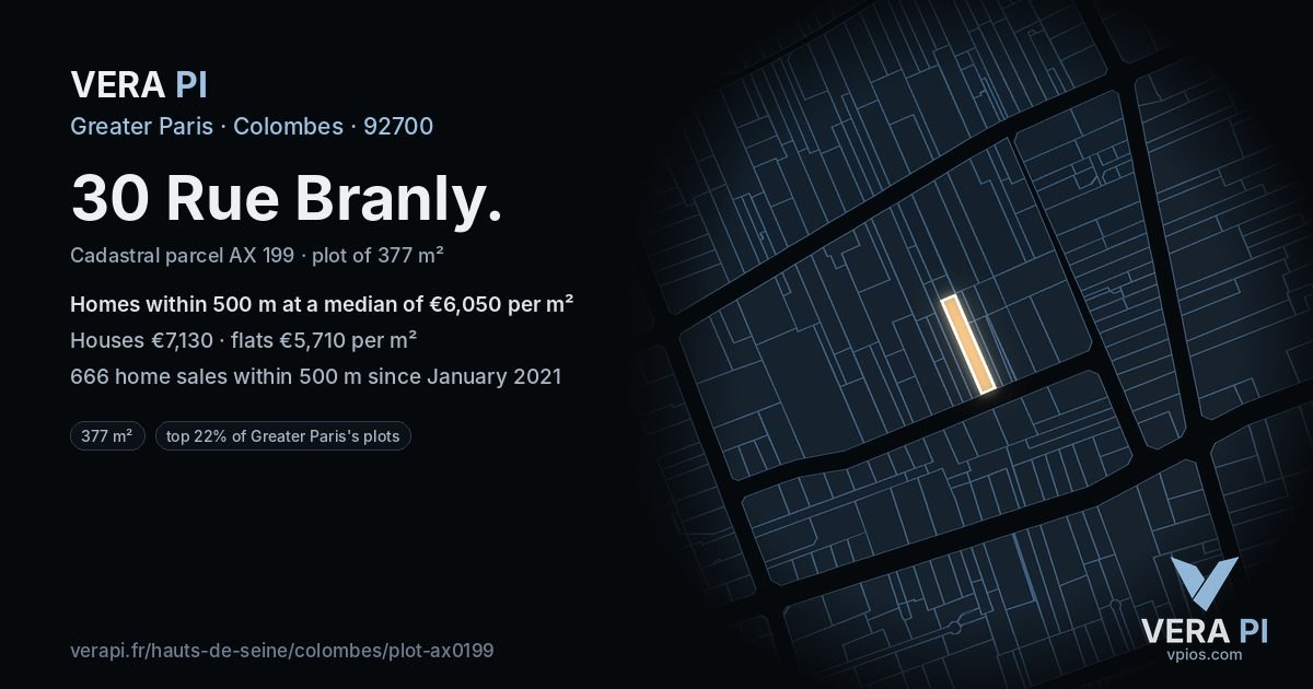 30 Rue Branly, Colombes at night – the plot lit, the parcels around coloured by the prices near them
