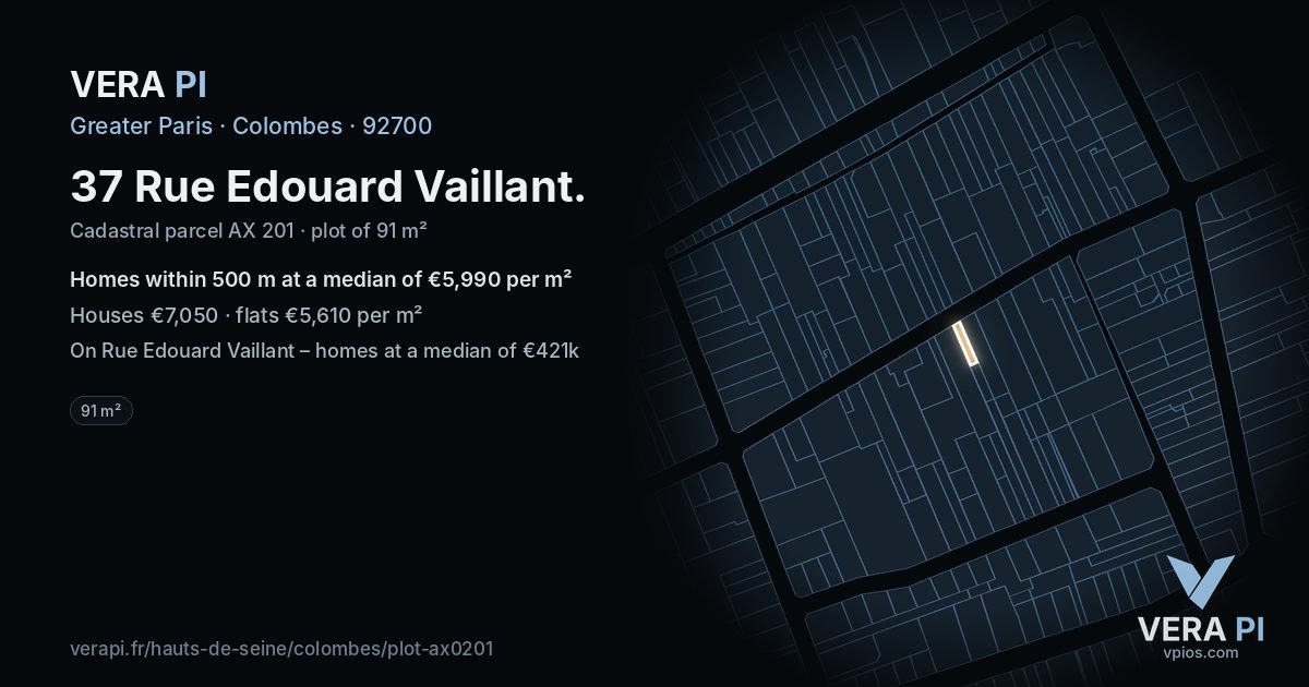 37 Rue Edouard Vaillant, Colombes at night – the plot lit, the parcels around coloured by the prices near them