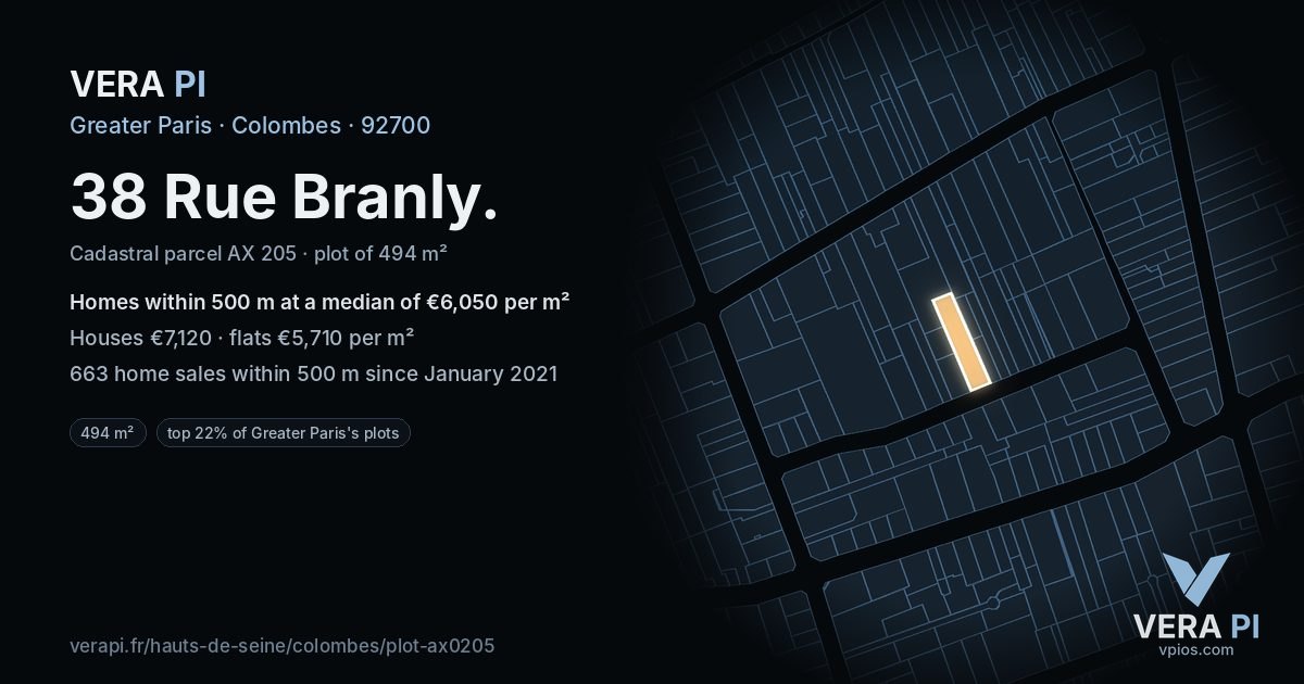 38 Rue Branly, Colombes at night – the plot lit, the parcels around coloured by the prices near them