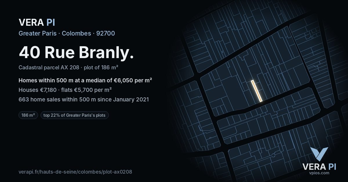 40 Rue Branly, Colombes at night – the plot lit, the parcels around coloured by the prices near them