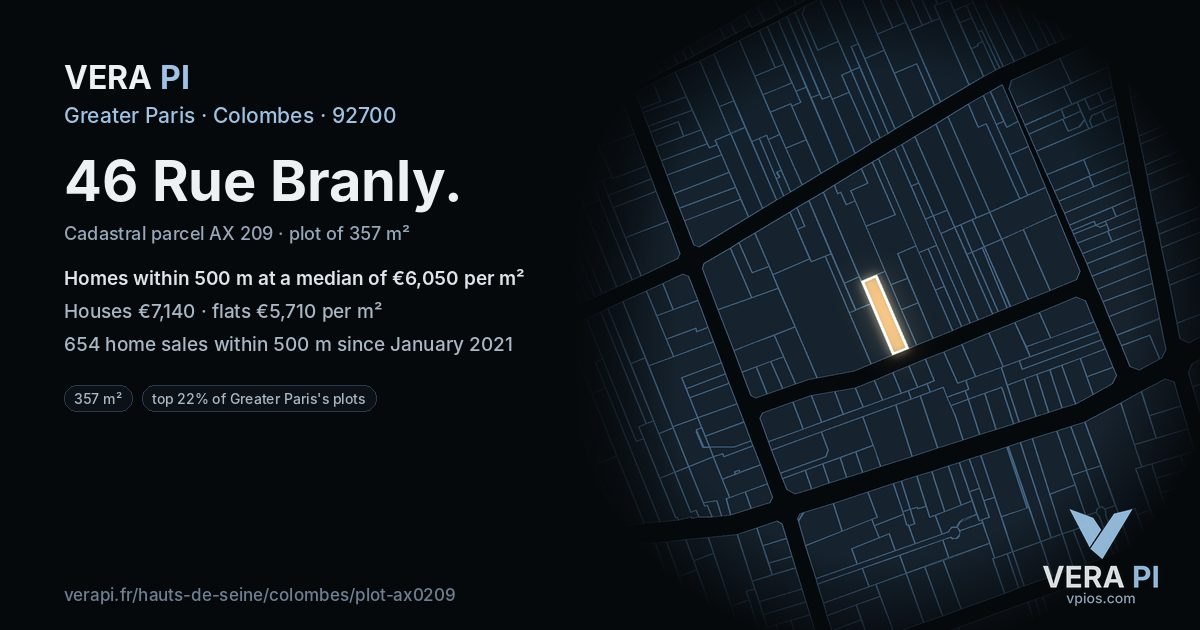 46 Rue Branly, Colombes at night – the plot lit, the parcels around coloured by the prices near them