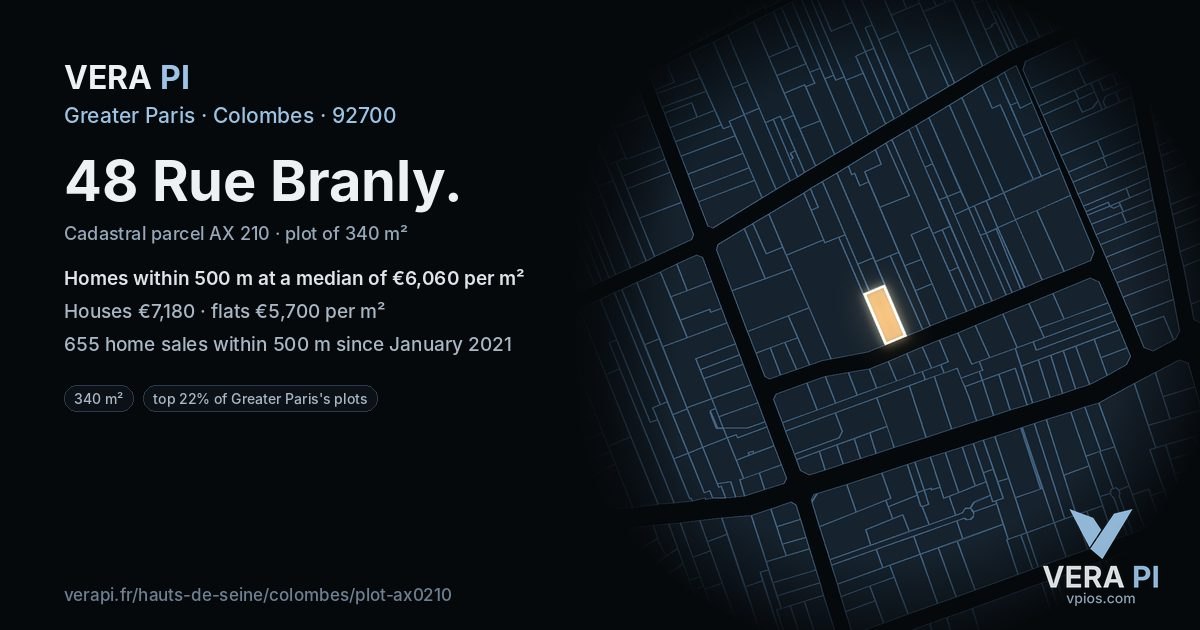 48 Rue Branly, Colombes at night – the plot lit, the parcels around coloured by the prices near them