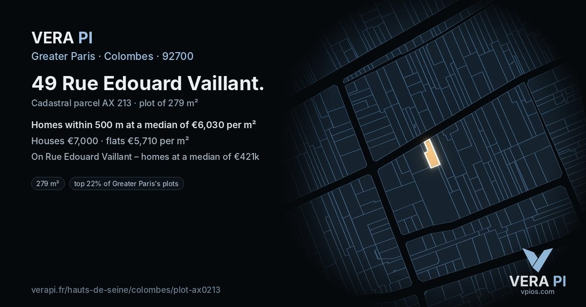 49 Rue Edouard Vaillant, Colombes at night – the plot lit, the parcels around coloured by the prices near them