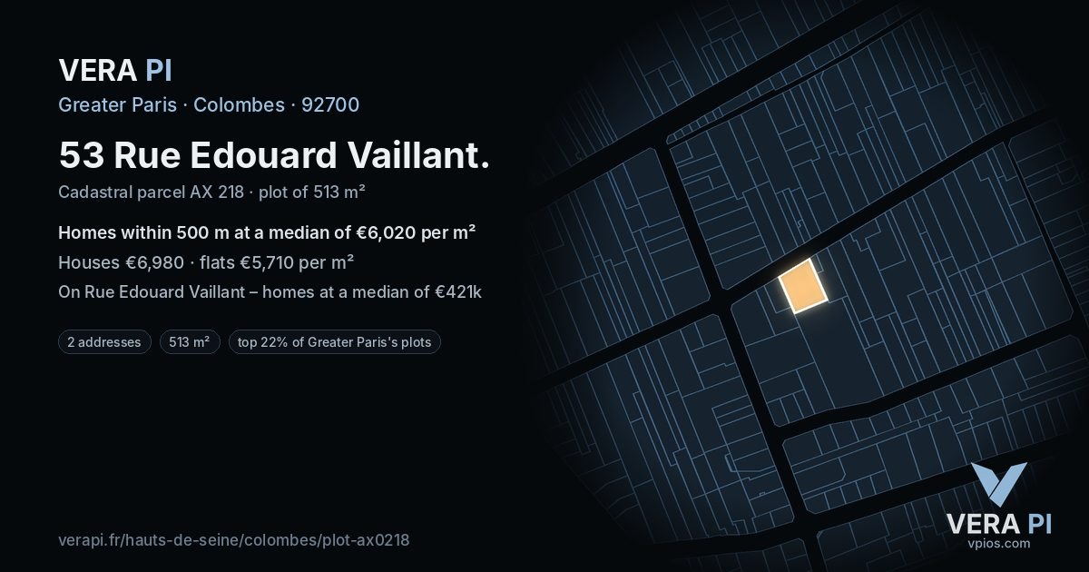 53 Rue Edouard Vaillant, Colombes at night – the plot lit, the parcels around coloured by the prices near them