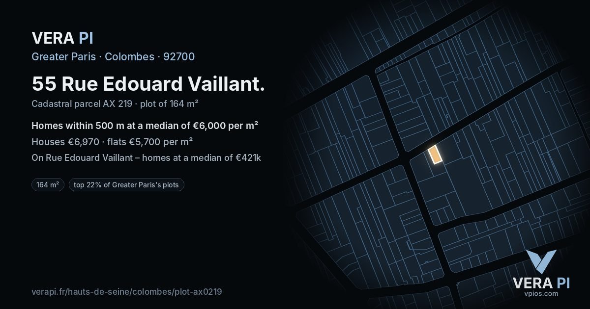 55 Rue Edouard Vaillant, Colombes at night – the plot lit, the parcels around coloured by the prices near them