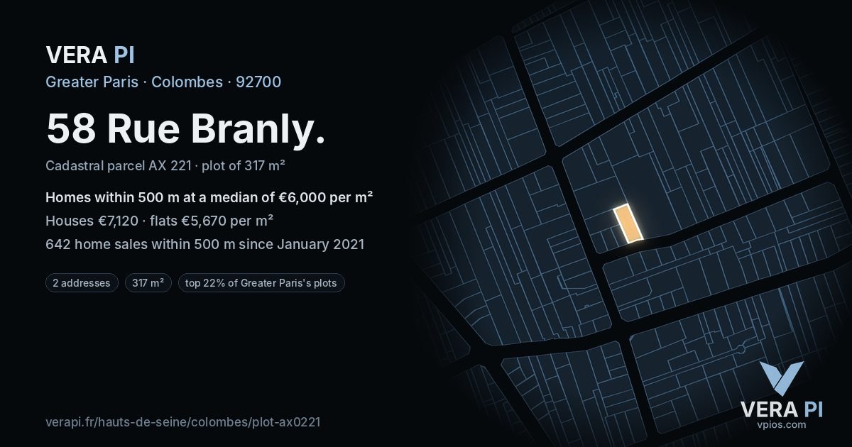 58 Rue Branly, Colombes at night – the plot lit, the parcels around coloured by the prices near them