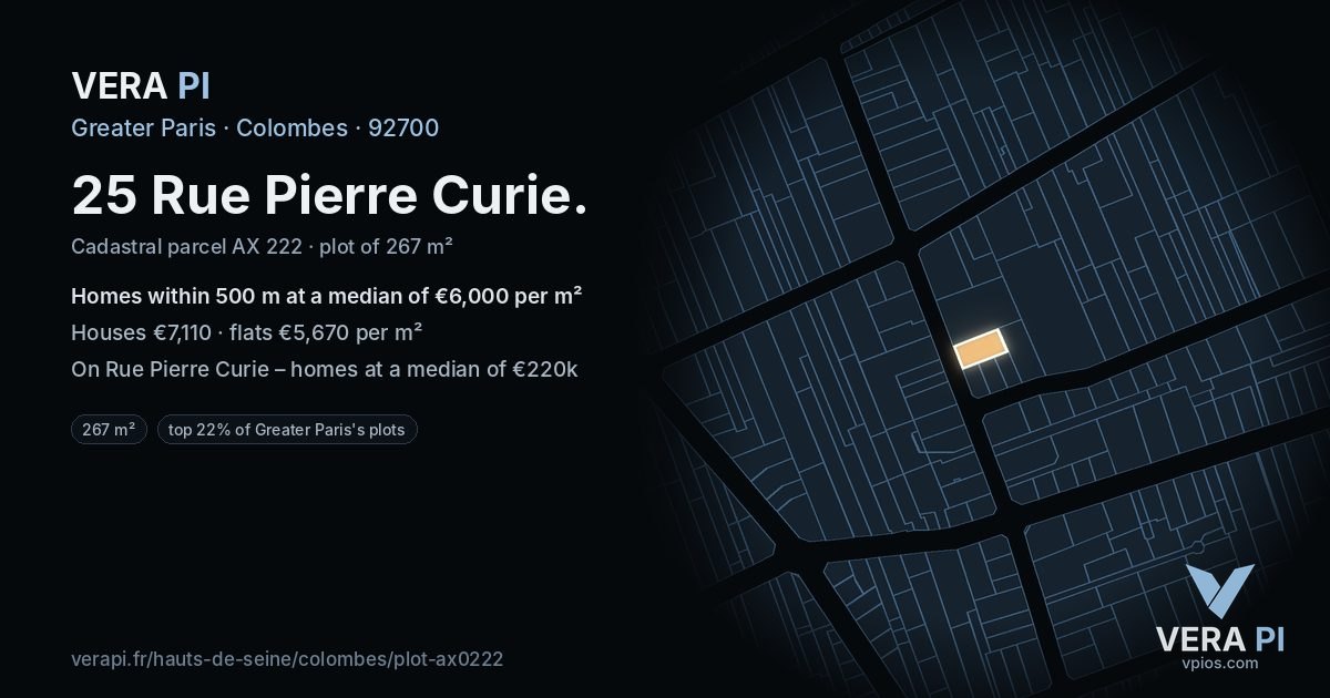 25 Rue Pierre Curie, Colombes at night – the plot lit, the parcels around coloured by the prices near them
