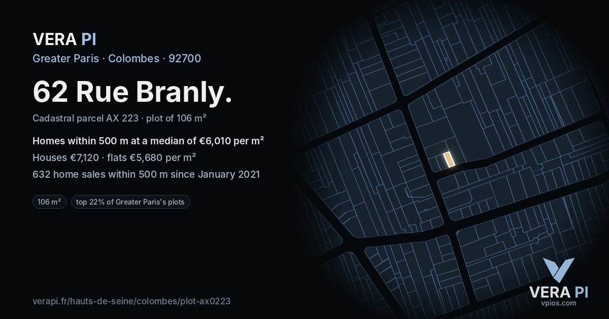 62 Rue Branly, Colombes at night – the plot lit, the parcels around coloured by the prices near them