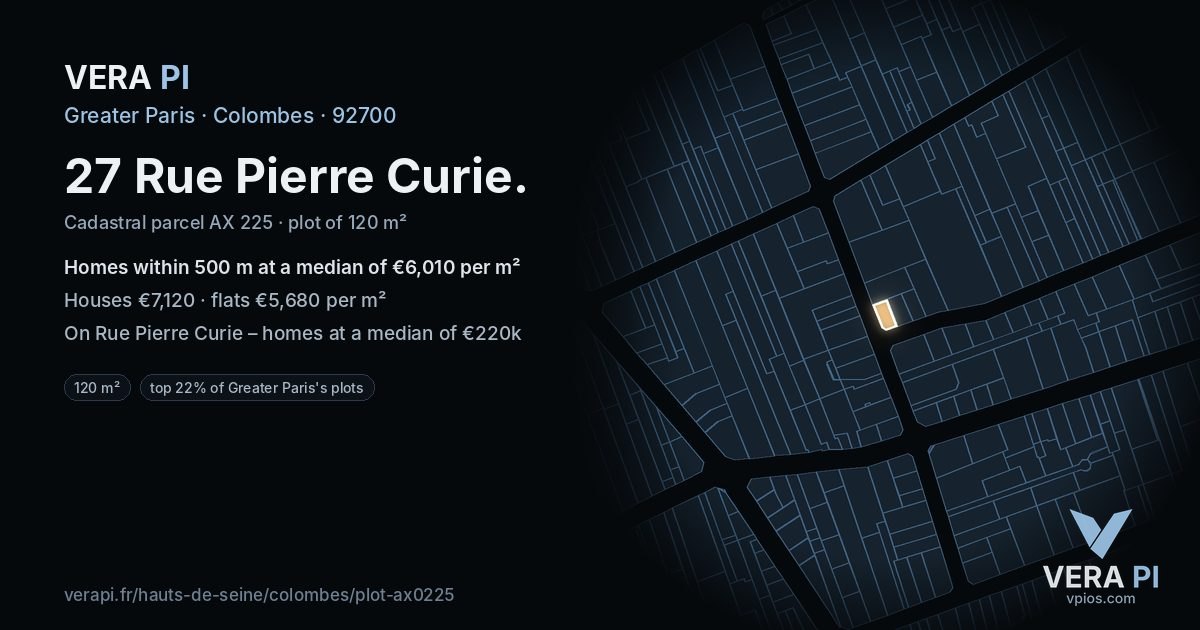 27 Rue Pierre Curie, Colombes at night – the plot lit, the parcels around coloured by the prices near them