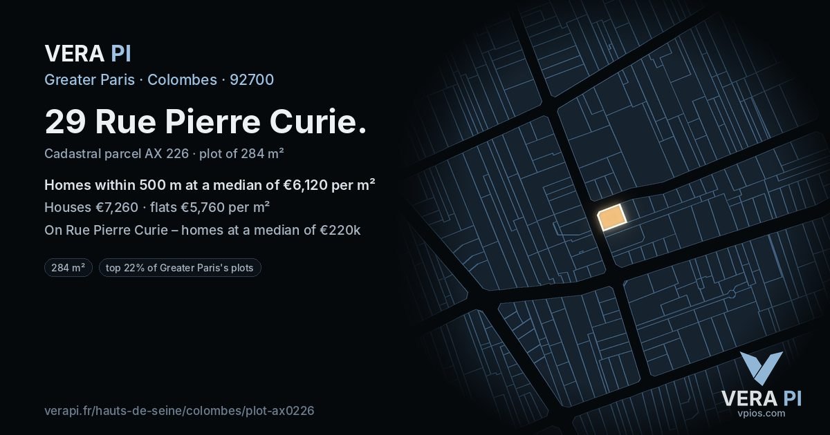 29 Rue Pierre Curie, Colombes at night – the plot lit, the parcels around coloured by the prices near them