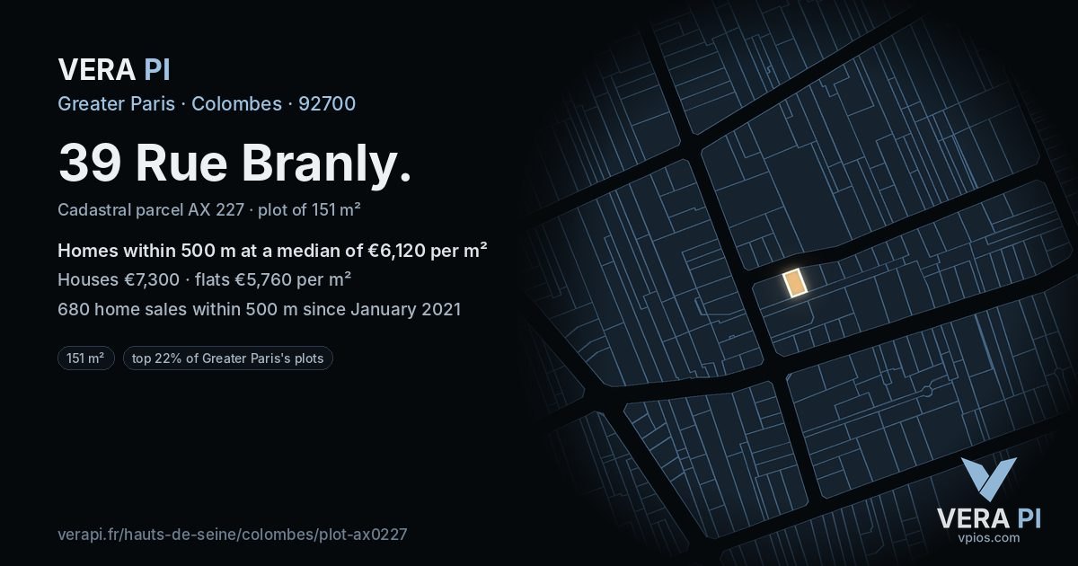 39 Rue Branly, Colombes at night – the plot lit, the parcels around coloured by the prices near them