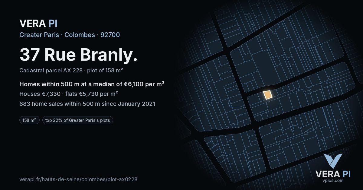 37 Rue Branly, Colombes at night – the plot lit, the parcels around coloured by the prices near them