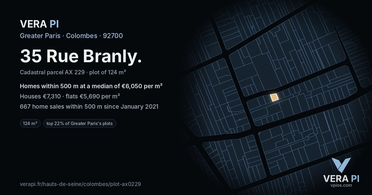 35 Rue Branly, Colombes at night – the plot lit, the parcels around coloured by the prices near them