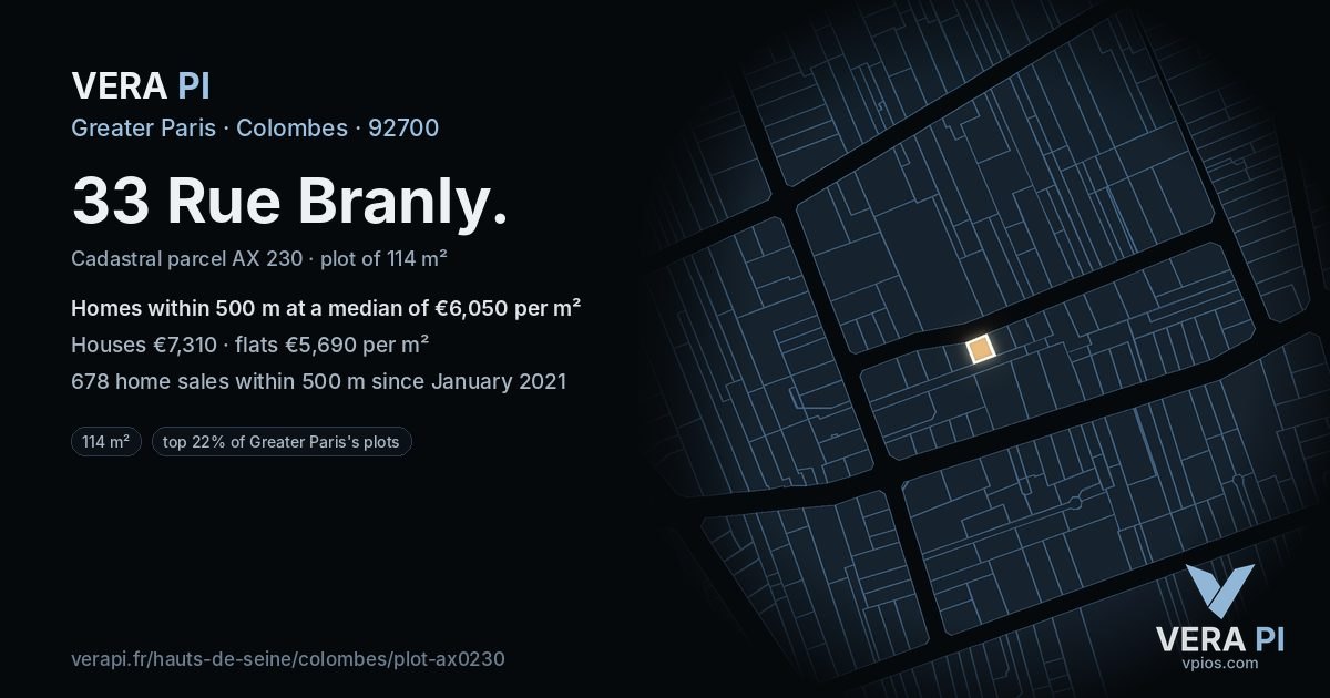 33 Rue Branly, Colombes at night – the plot lit, the parcels around coloured by the prices near them