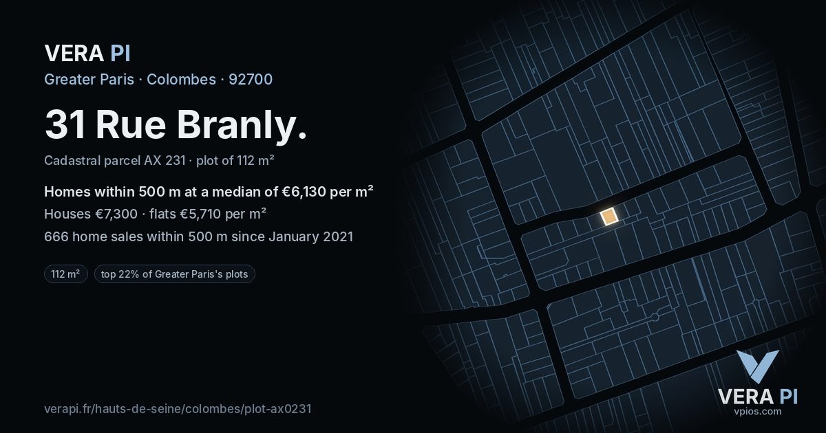 31 Rue Branly, Colombes at night – the plot lit, the parcels around coloured by the prices near them