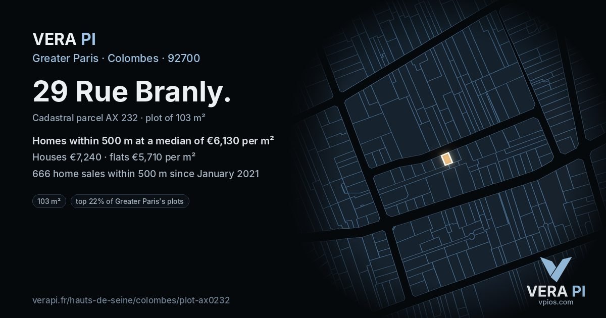 29 Rue Branly, Colombes at night – the plot lit, the parcels around coloured by the prices near them