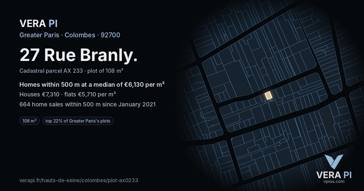 27 Rue Branly, Colombes at night – the plot lit, the parcels around coloured by the prices near them