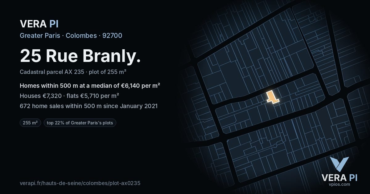25 Rue Branly, Colombes at night – the plot lit, the parcels around coloured by the prices near them