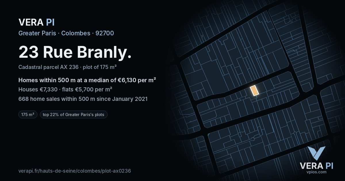 23 Rue Branly, Colombes at night – the plot lit, the parcels around coloured by the prices near them