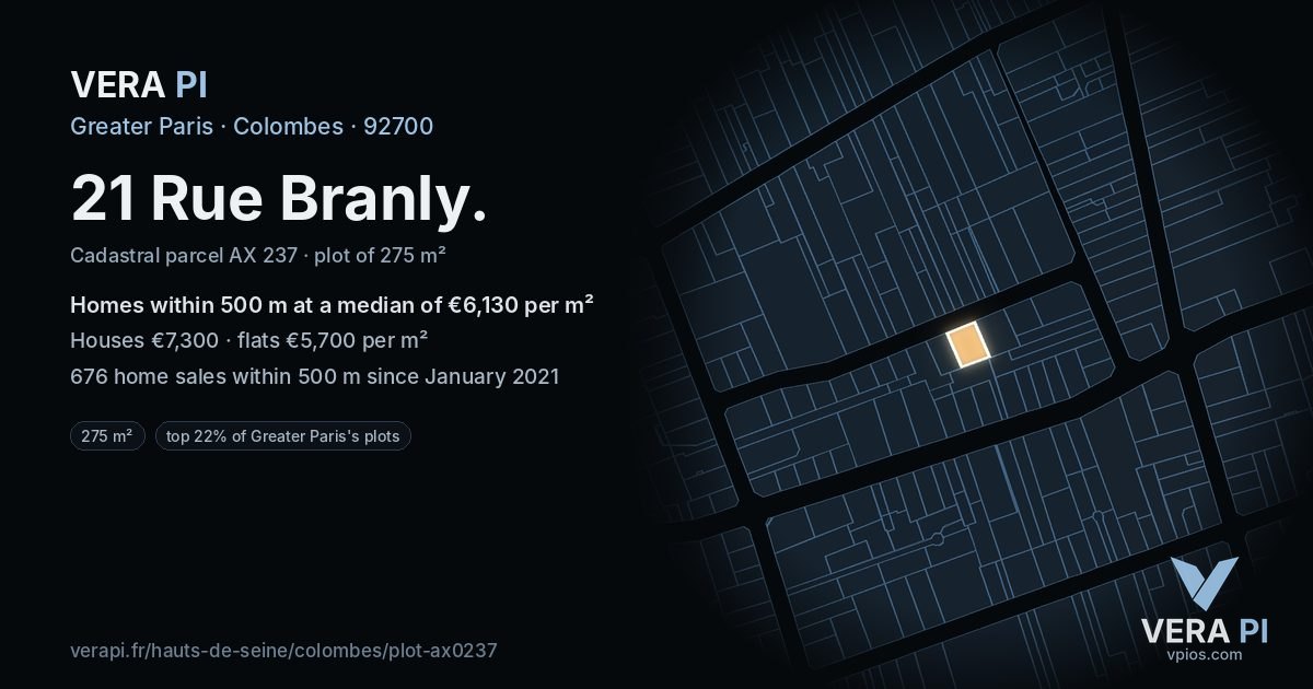 21 Rue Branly, Colombes at night – the plot lit, the parcels around coloured by the prices near them