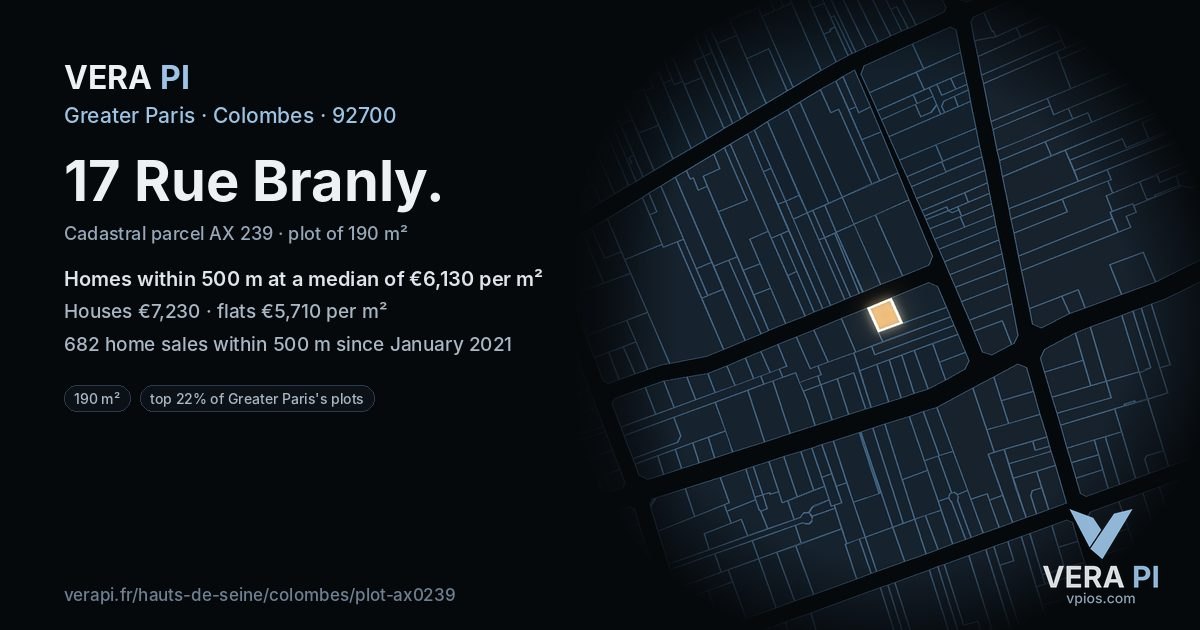 17 Rue Branly, Colombes at night – the plot lit, the parcels around coloured by the prices near them