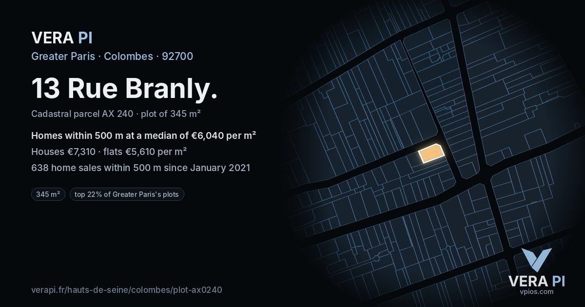 13 Rue Branly, Colombes at night – the plot lit, the parcels around coloured by the prices near them