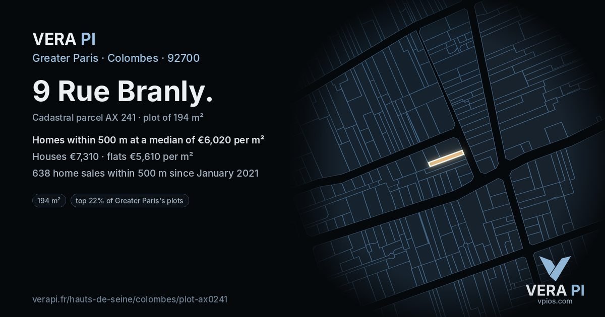 9 Rue Branly, Colombes at night – the plot lit, the parcels around coloured by the prices near them