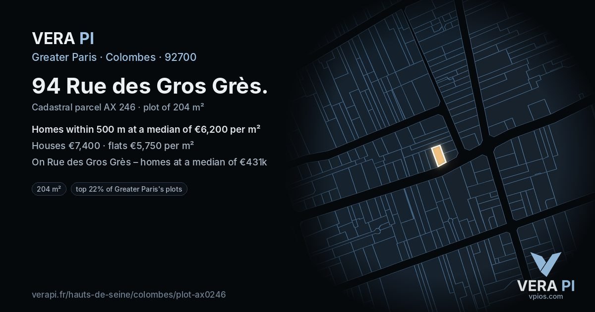 94 Rue des Gros Grès, Colombes at night – the plot lit, the parcels around coloured by the prices near them