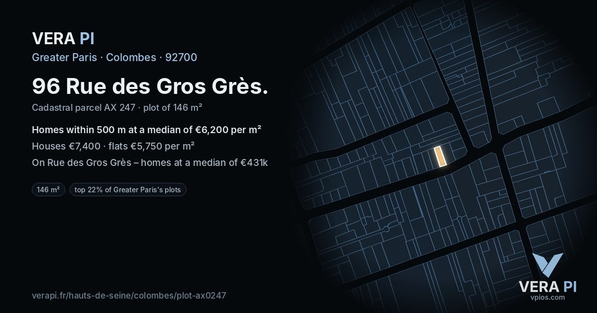 96 Rue des Gros Grès, Colombes at night – the plot lit, the parcels around coloured by the prices near them
