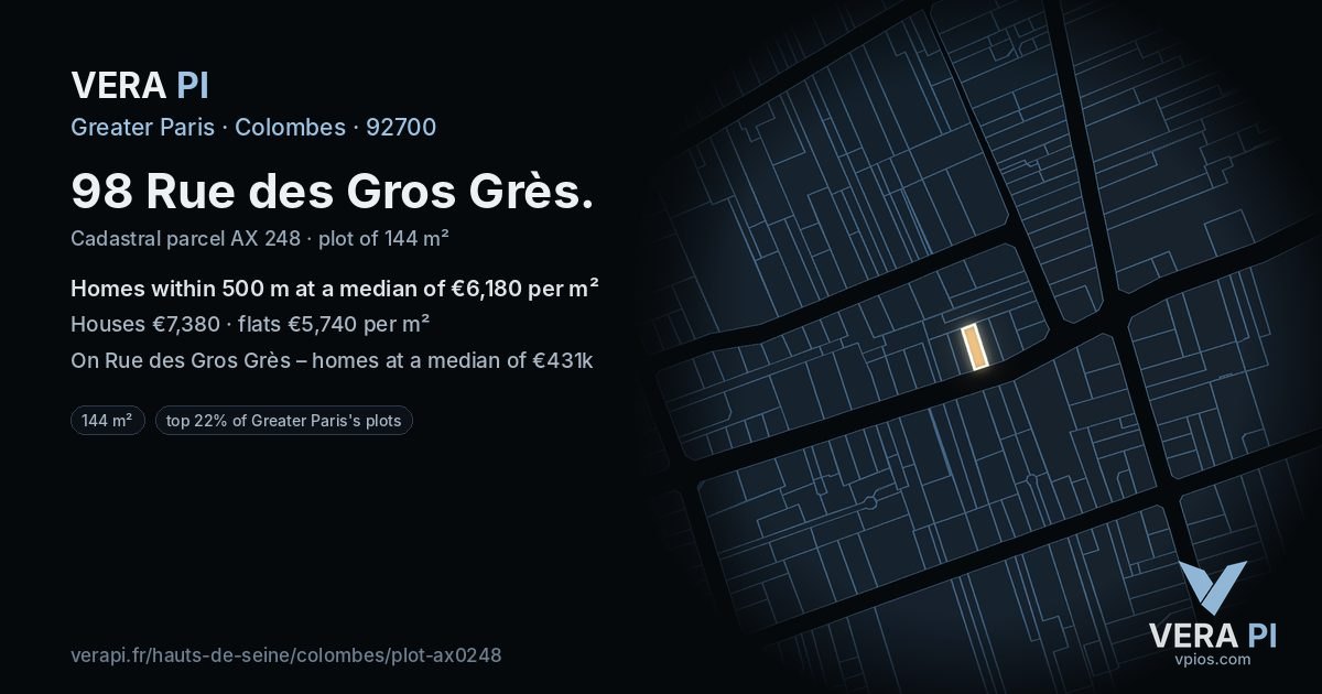 98 Rue des Gros Grès, Colombes at night – the plot lit, the parcels around coloured by the prices near them