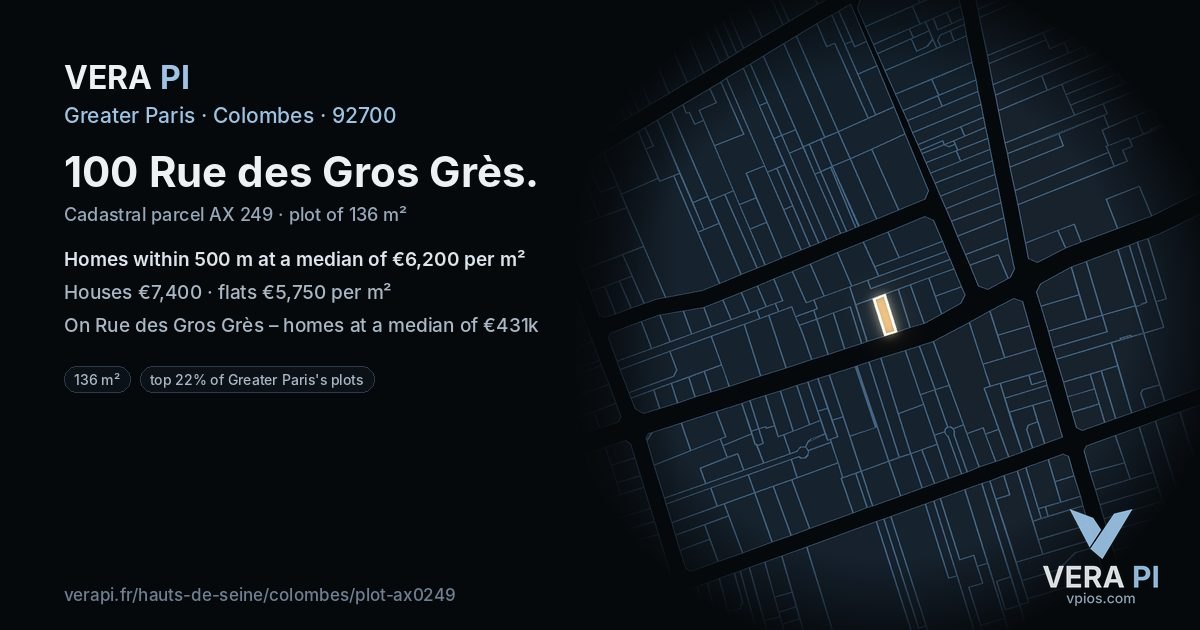100 Rue des Gros Grès, Colombes at night – the plot lit, the parcels around coloured by the prices near them