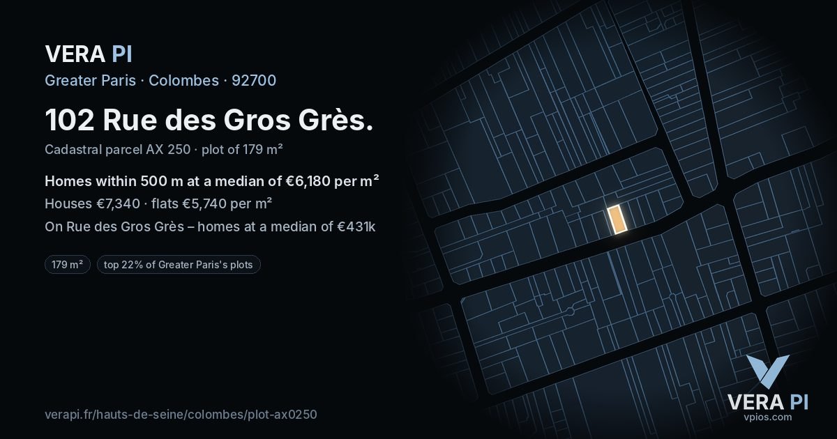 102 Rue des Gros Grès, Colombes at night – the plot lit, the parcels around coloured by the prices near them