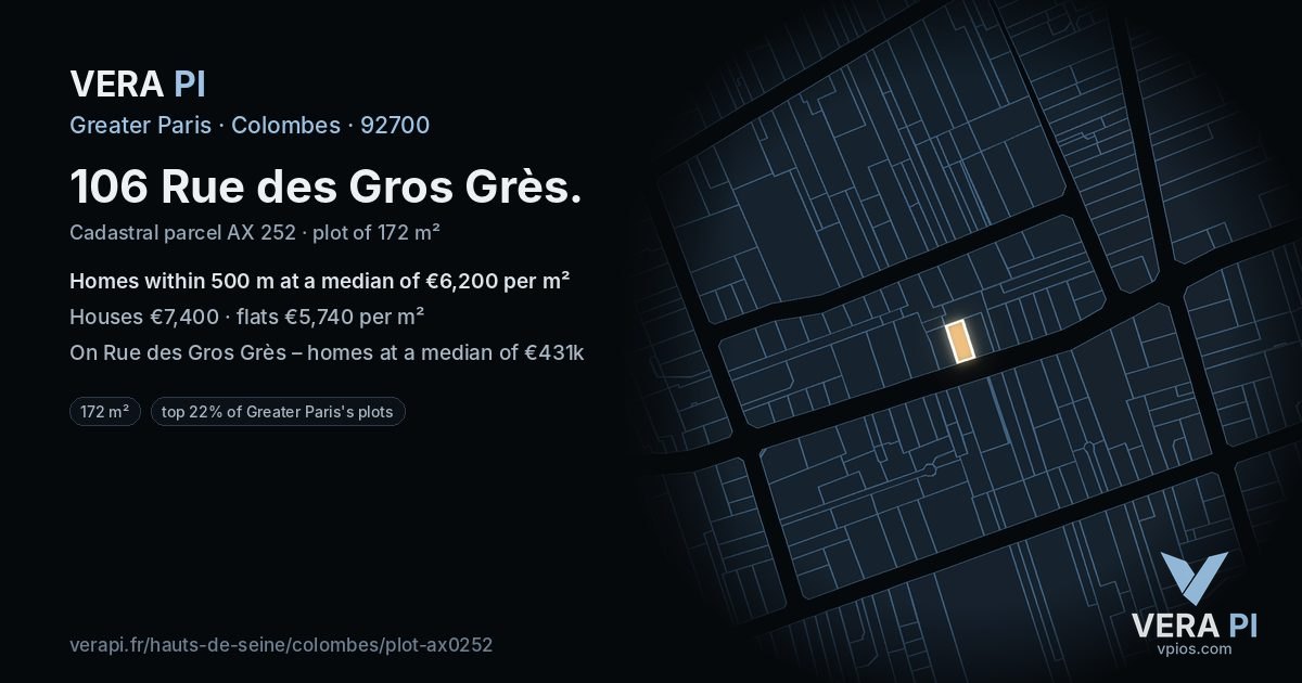 106 Rue des Gros Grès, Colombes at night – the plot lit, the parcels around coloured by the prices near them