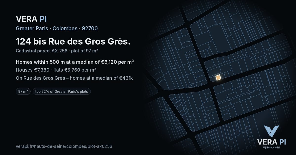 124 bis Rue des Gros Grès, Colombes at night – the plot lit, the parcels around coloured by the prices near them