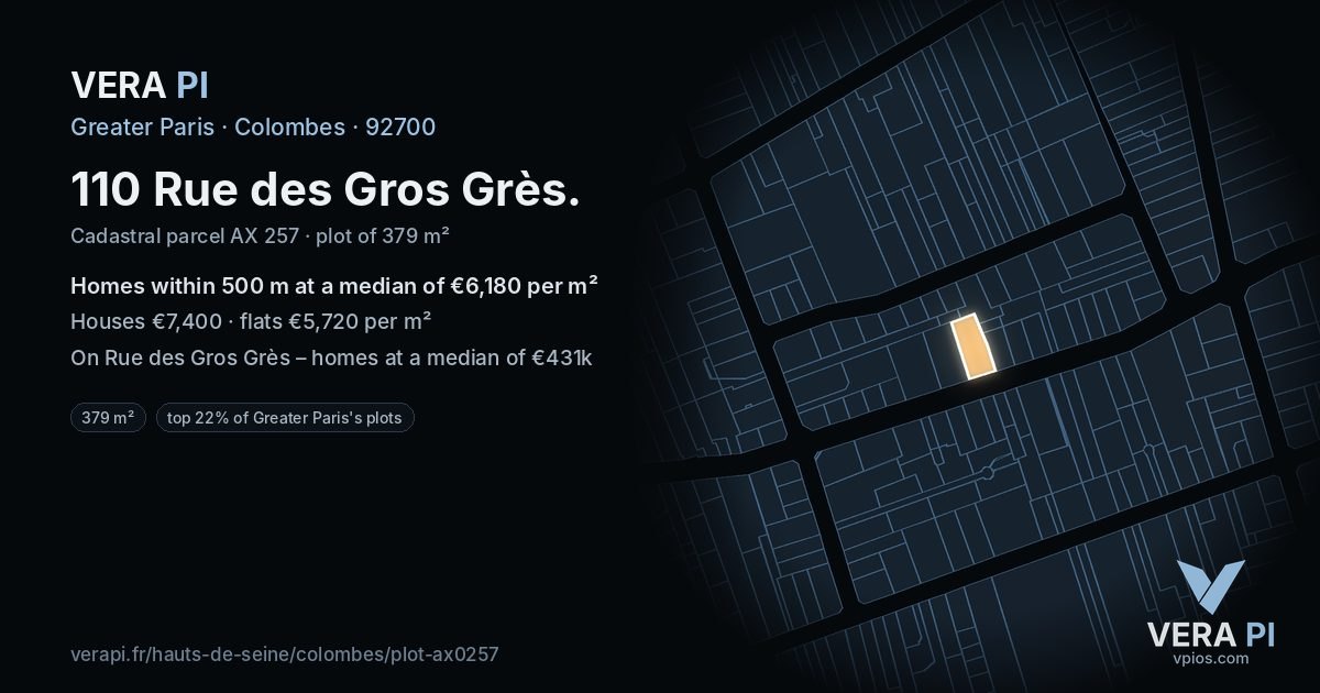 110 Rue des Gros Grès, Colombes at night – the plot lit, the parcels around coloured by the prices near them