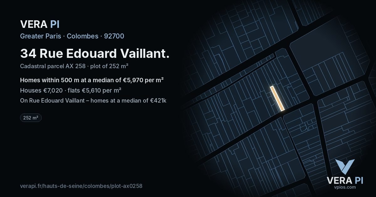 34 Rue Edouard Vaillant, Colombes at night – the plot lit, the parcels around coloured by the prices near them