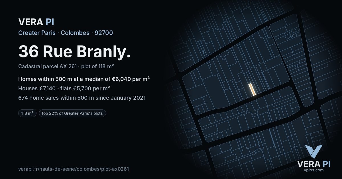 36 Rue Branly, Colombes at night – the plot lit, the parcels around coloured by the prices near them