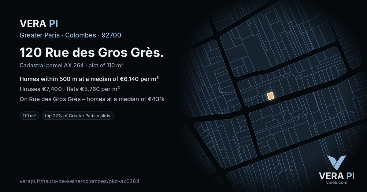 120 Rue des Gros Grès, Colombes at night – the plot lit, the parcels around coloured by the prices near them