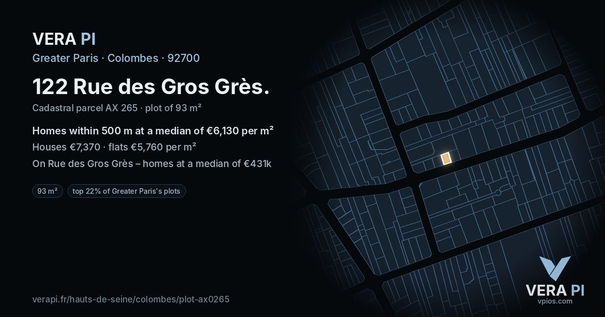 122 Rue des Gros Grès, Colombes at night – the plot lit, the parcels around coloured by the prices near them