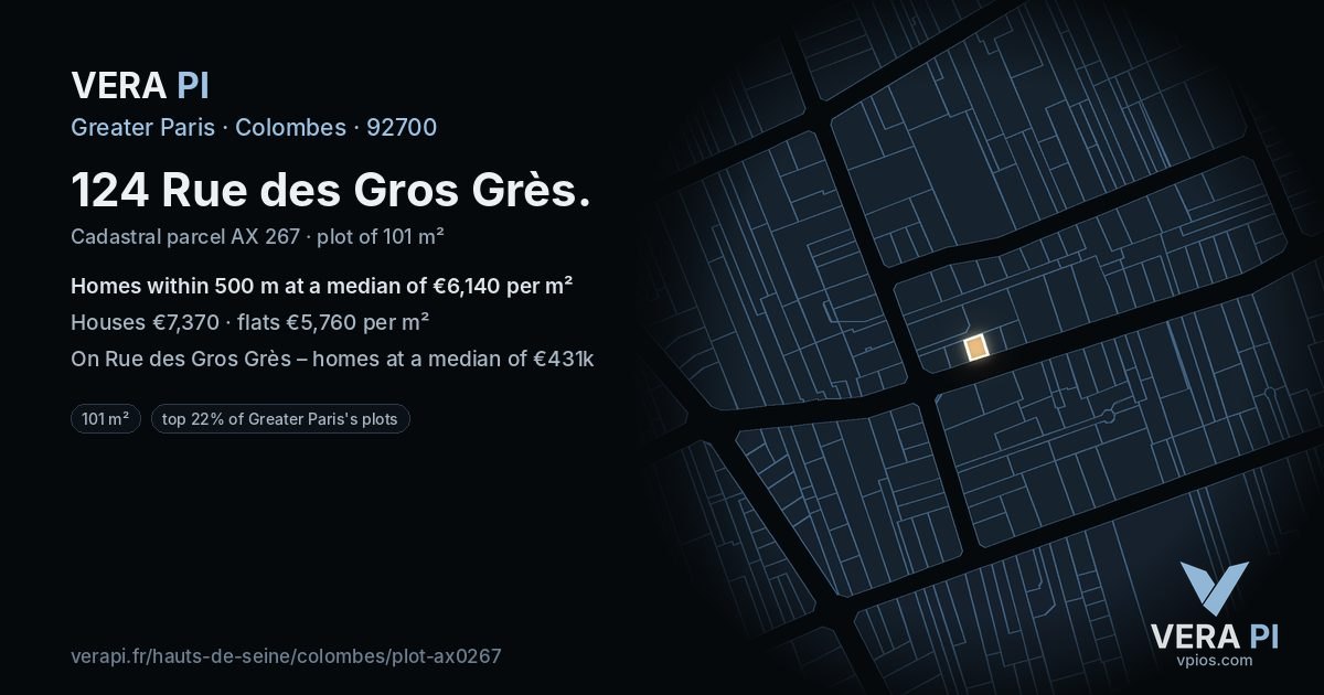 124 Rue des Gros Grès, Colombes at night – the plot lit, the parcels around coloured by the prices near them