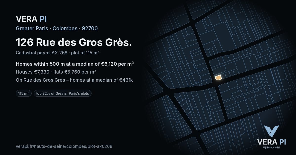 126 Rue des Gros Grès, Colombes at night – the plot lit, the parcels around coloured by the prices near them