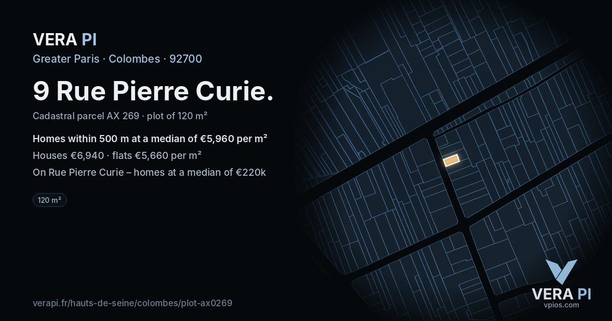 9 Rue Pierre Curie, Colombes at night – the plot lit, the parcels around coloured by the prices near them