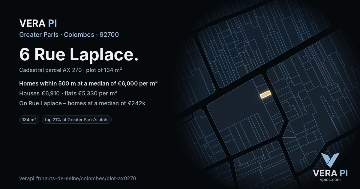 6 Rue Laplace, Colombes at night – the plot lit, the parcels around coloured by the prices near them