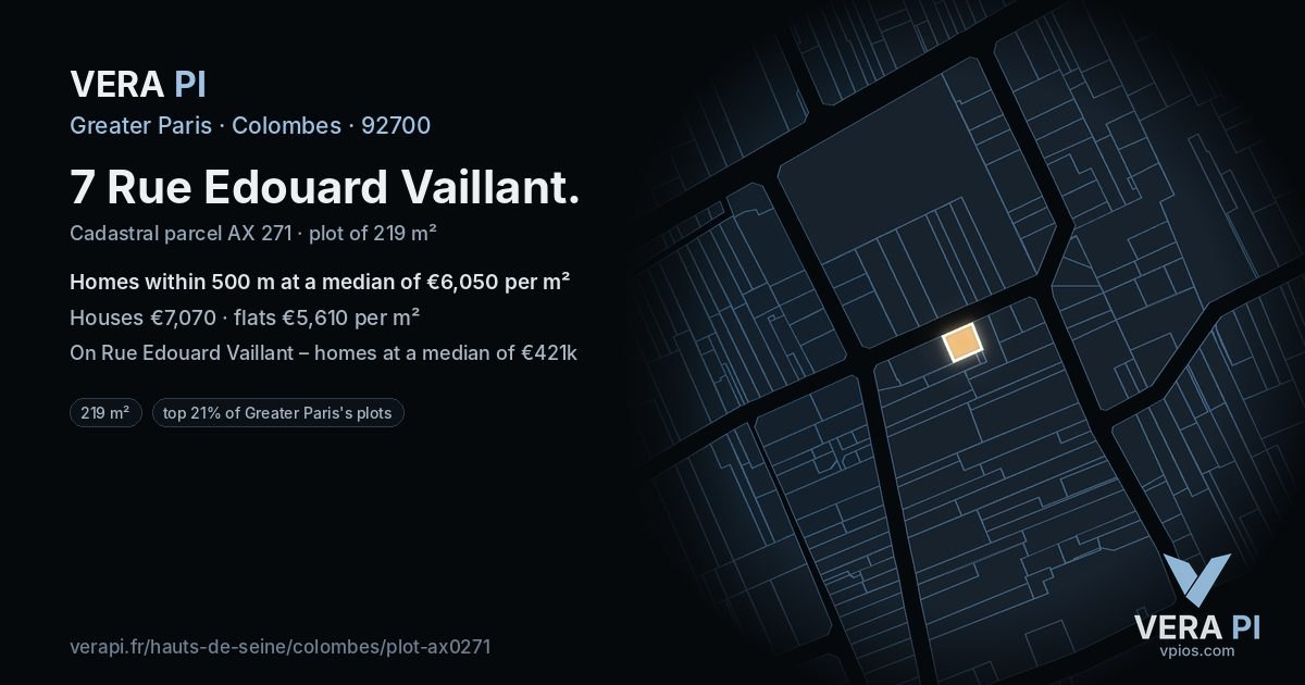 7 Rue Edouard Vaillant, Colombes at night – the plot lit, the parcels around coloured by the prices near them