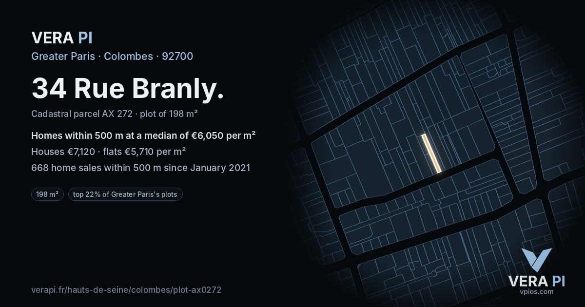 34 Rue Branly, Colombes at night – the plot lit, the parcels around coloured by the prices near them
